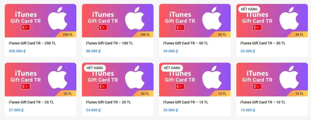 Các mệnh giá thẻ nạp Itunes GiftCard tại Asura